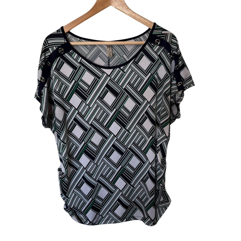 PerSeption Concept‎ Blouse Womens XL 90s Green White Geometric Exc Button Detail